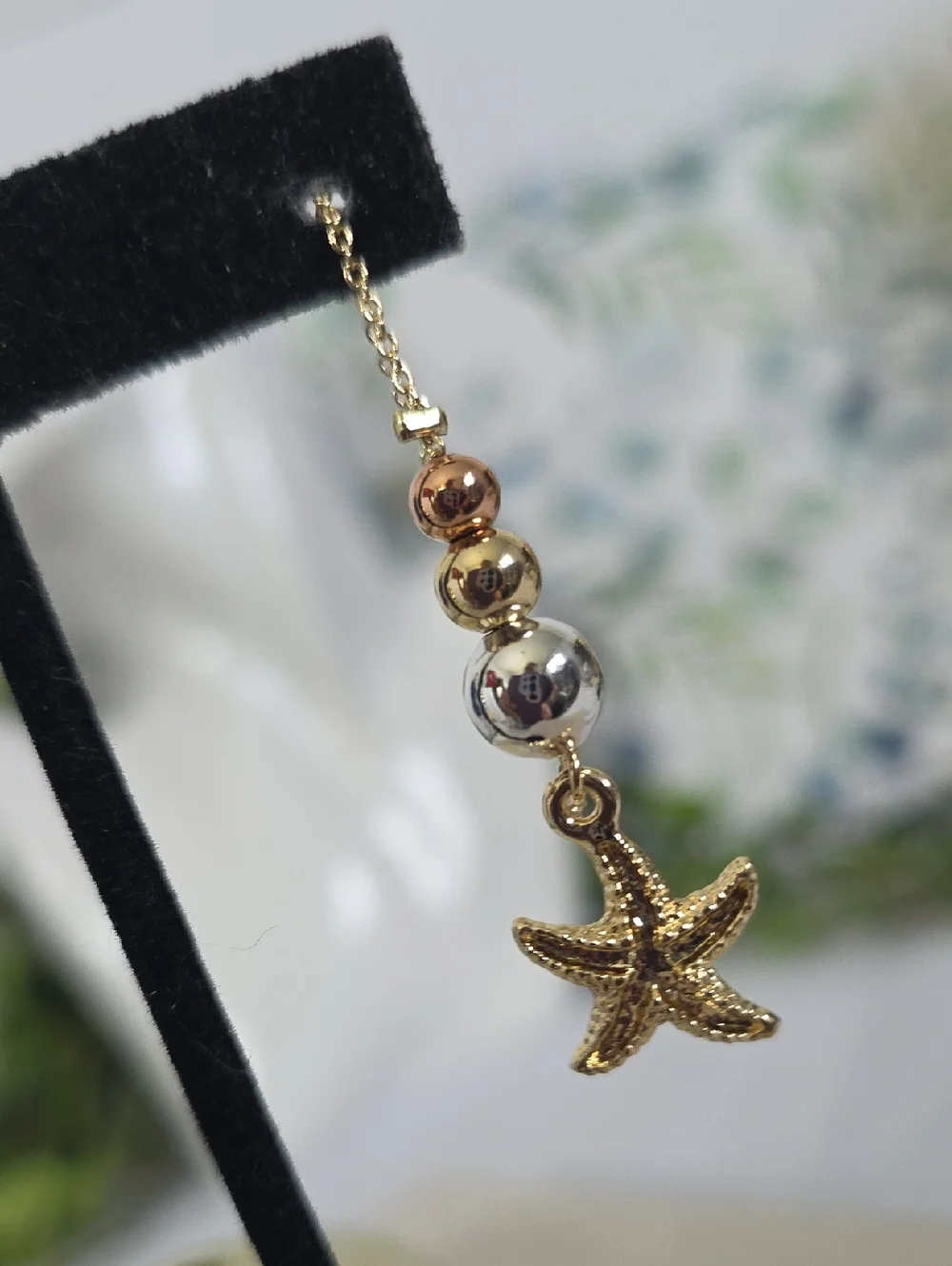 Gold Filled Tricolor Bead Starfish Drop Threader Earrings Mermaid Coastal